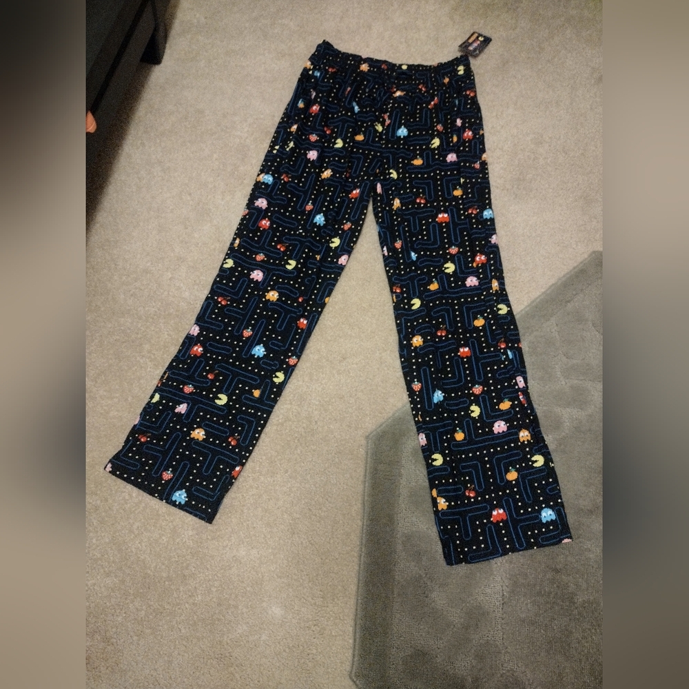 Pac Man Pants Mens Medium Black Elastic Waist Drawstring Sleepwear Pajama NWT